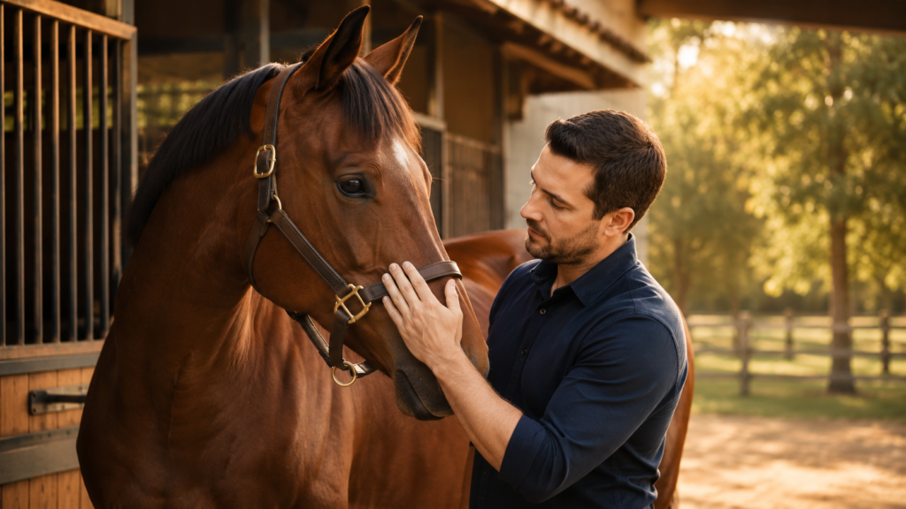 Especialista interagindo com cavalo