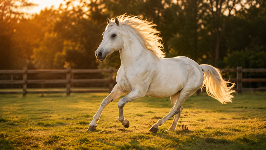 Cavalo branco correndo ao entardecer