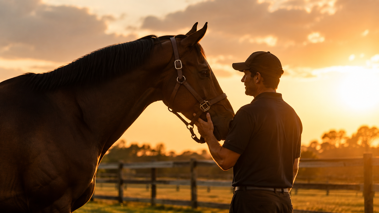 Proprietário com cavalo ao pôr do sol